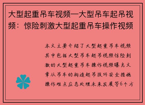 大型起重吊车视频—大型吊车起吊视频:惊险刺激大型起重吊车操作视频曝光
