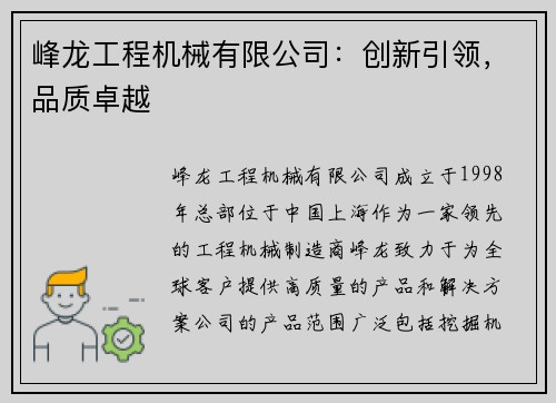 峰龙工程机械有限公司:创新引领,品质卓越