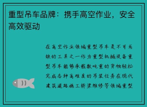 重型吊车品牌:携手高空作业,安全高效驱动